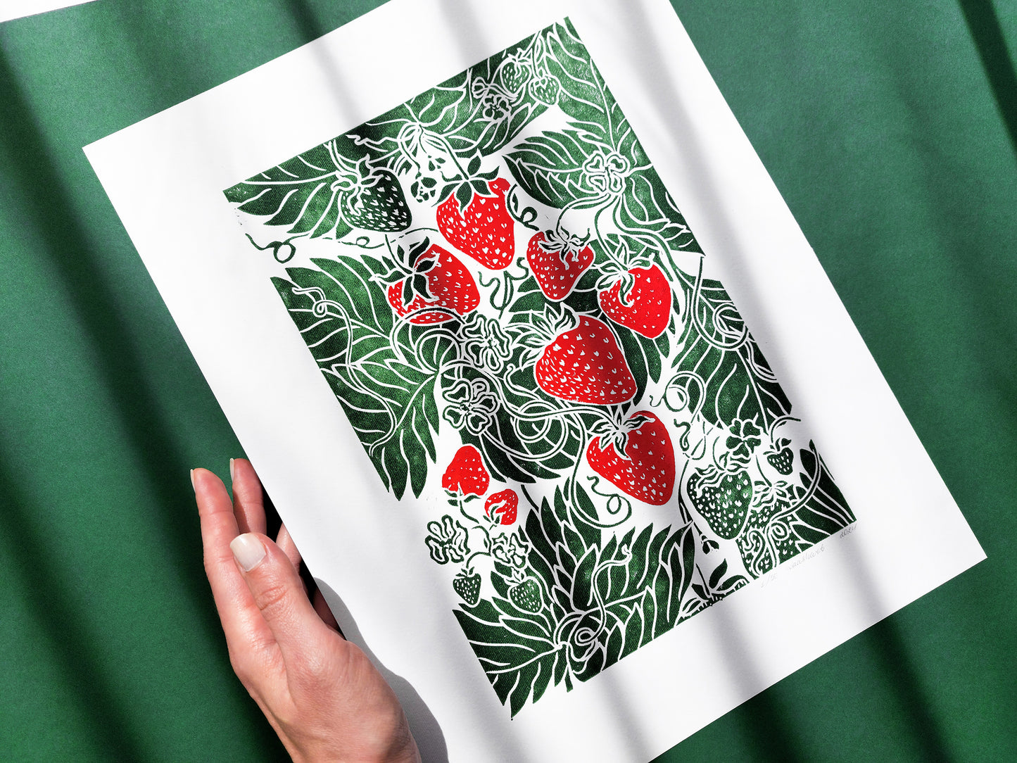 Linocut print Linogravure lino Botanical block original artwork Relief printmaking linoleum wall art Farmhouse lover gift Bedroom dining decor Modern kitchen art cottagecore decor Berry Strawberries strawberry nature first home gift farm