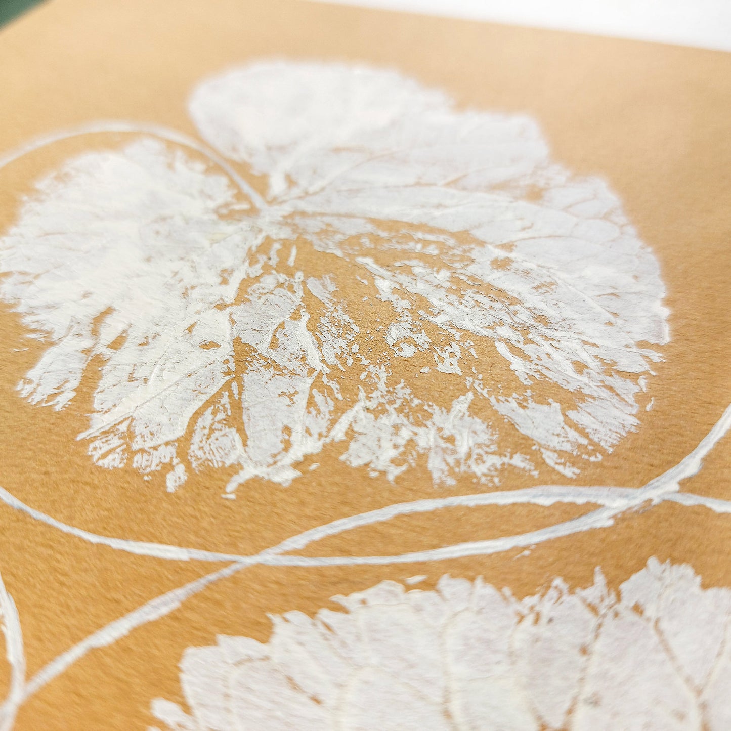 Gallery wall set of 2 Green ochre beige textured leaves Monotype print wall art decor A4