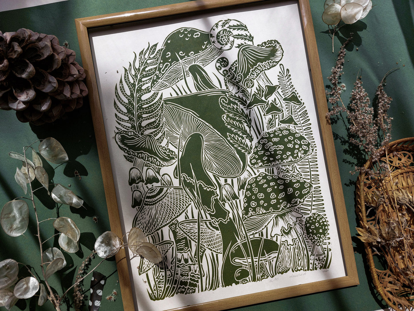 Vintage green paper and green, mushrooms Linocut print for Nature lover gift / farmhouse kitchen wall art UNFRAMED / lino print / linogravure / relief block print / printmaking wall decor