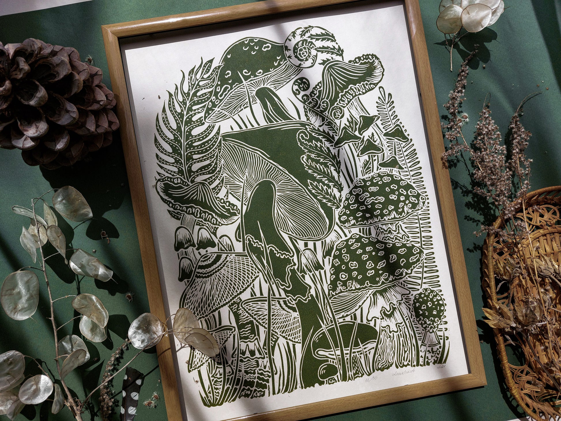 Vintage green paper and green, mushrooms Linocut print for Nature lover gift / farmhouse kitchen wall art UNFRAMED / lino print / linogravure / relief block print / printmaking wall decor