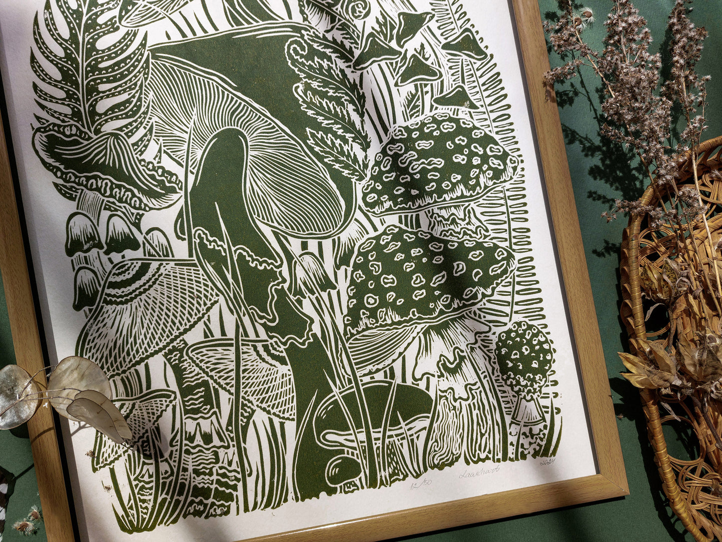 Vintage green paper and green, mushrooms Linocut print for Nature lover gift / farmhouse kitchen wall art UNFRAMED / lino print / linogravure / relief block print / printmaking wall decor