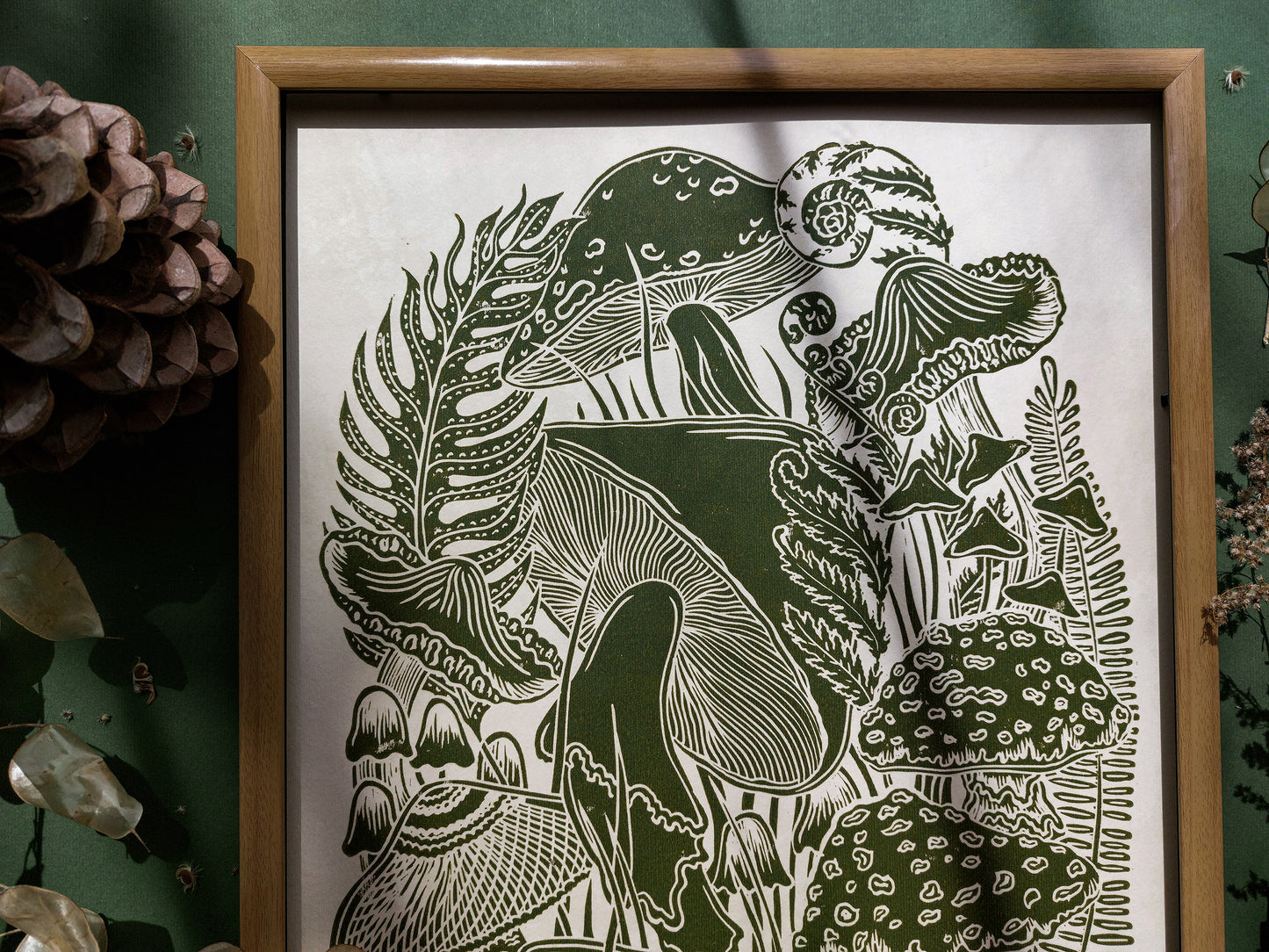 Vintage green paper and green, mushrooms Linocut print for Nature lover gift / farmhouse kitchen wall art UNFRAMED / lino print / linogravure / relief block print / printmaking wall decor