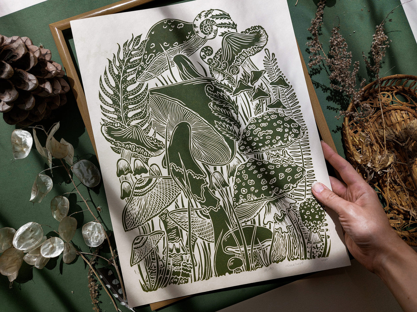 Vintage green paper and green, mushrooms Linocut print for Nature lover gift / farmhouse kitchen wall art UNFRAMED / lino print / linogravure / relief block print / printmaking wall decor