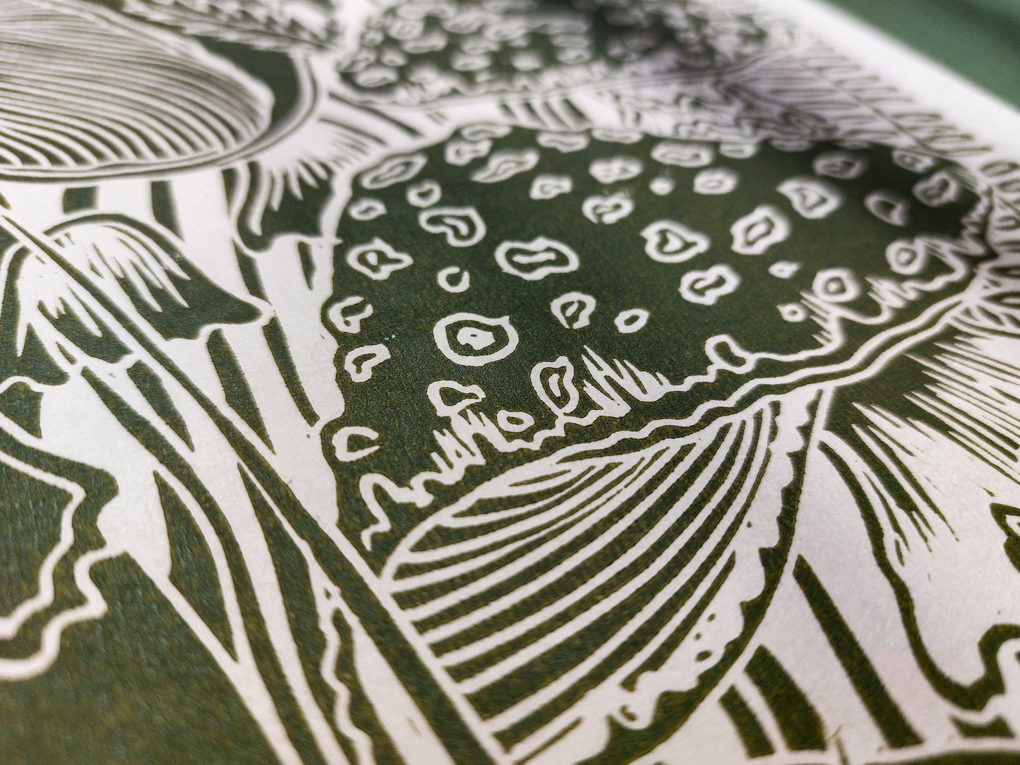 Vintage green paper and green, mushrooms Linocut print for Nature lover gift / farmhouse kitchen wall art UNFRAMED / lino print / linogravure / relief block print / printmaking wall decor