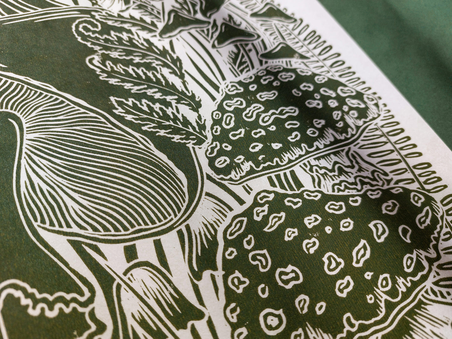 Vintage green paper and green, mushrooms Linocut print for Nature lover gift / farmhouse kitchen wall art UNFRAMED / lino print / linogravure / relief block print / printmaking wall decor