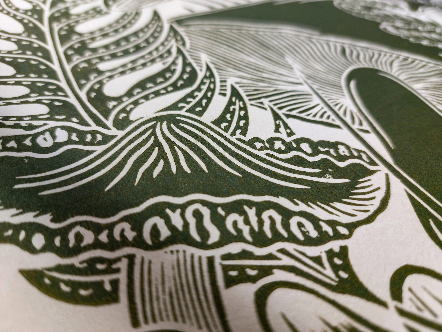 Vintage green paper and green, mushrooms Linocut print for Nature lover gift / farmhouse kitchen wall art UNFRAMED / lino print / linogravure / relief block print / printmaking wall decor