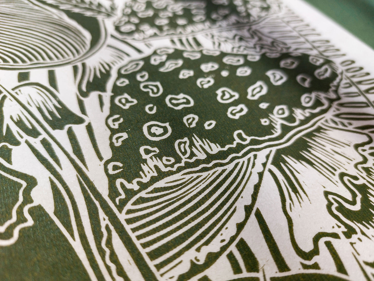 Vintage green paper and green, mushrooms Linocut print for Nature lover gift / farmhouse kitchen wall art UNFRAMED / lino print / linogravure / relief block print / printmaking wall decor