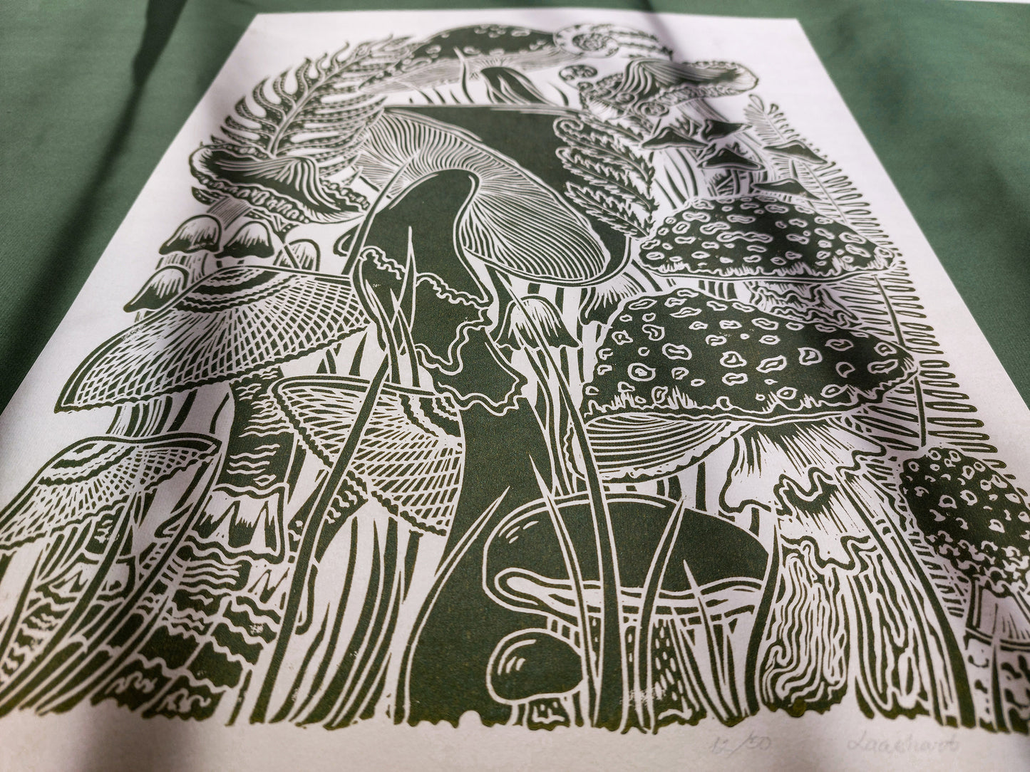 Vintage green paper and green, mushrooms Linocut print for Nature lover gift / farmhouse kitchen wall art UNFRAMED / lino print / linogravure / relief block print / printmaking wall decor