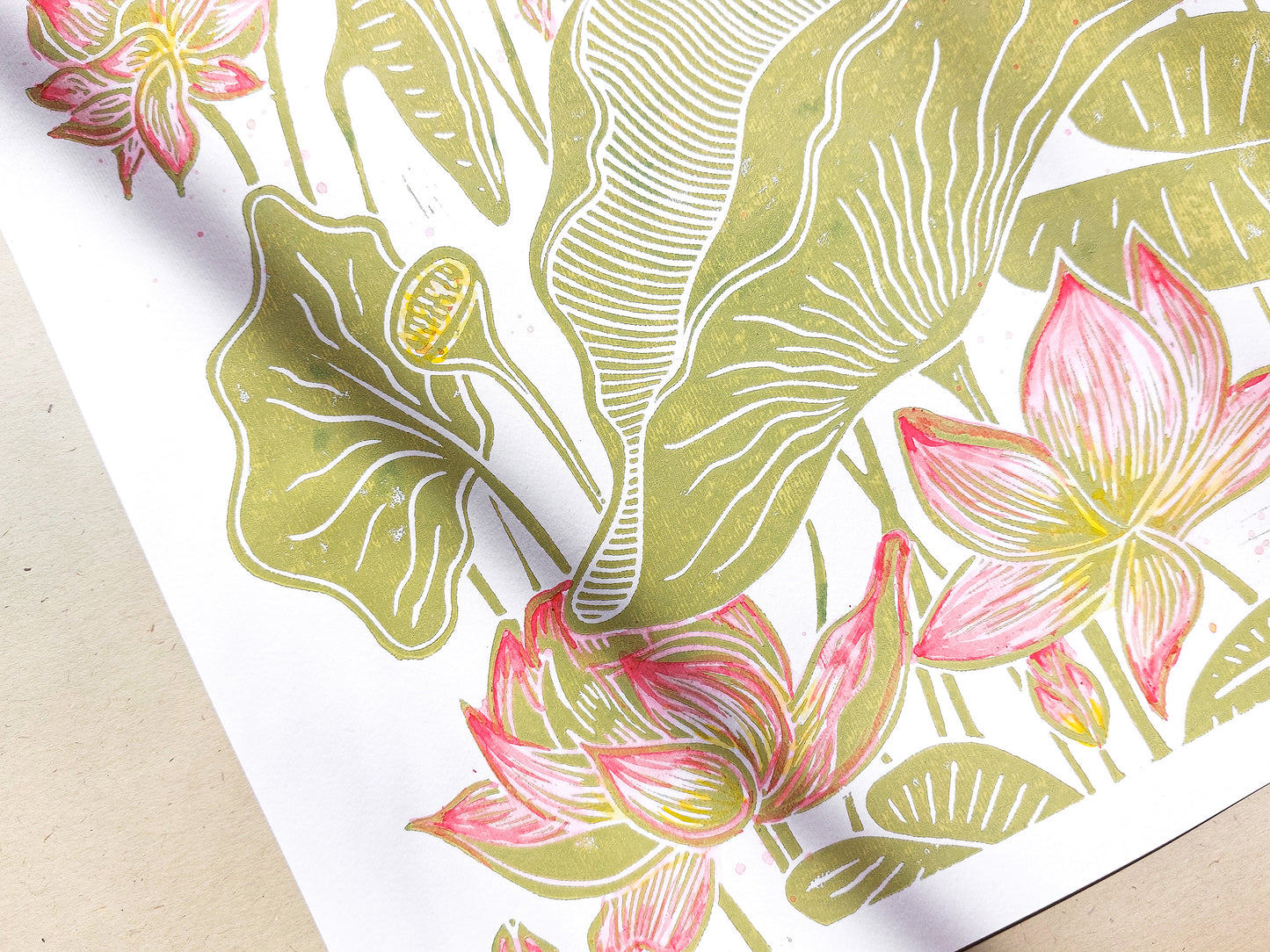 Summer wall art Watercolor Lotus flowers and leaves Botanical linocut print Original artwork Modern kitchen japanese decor Nature lover gift