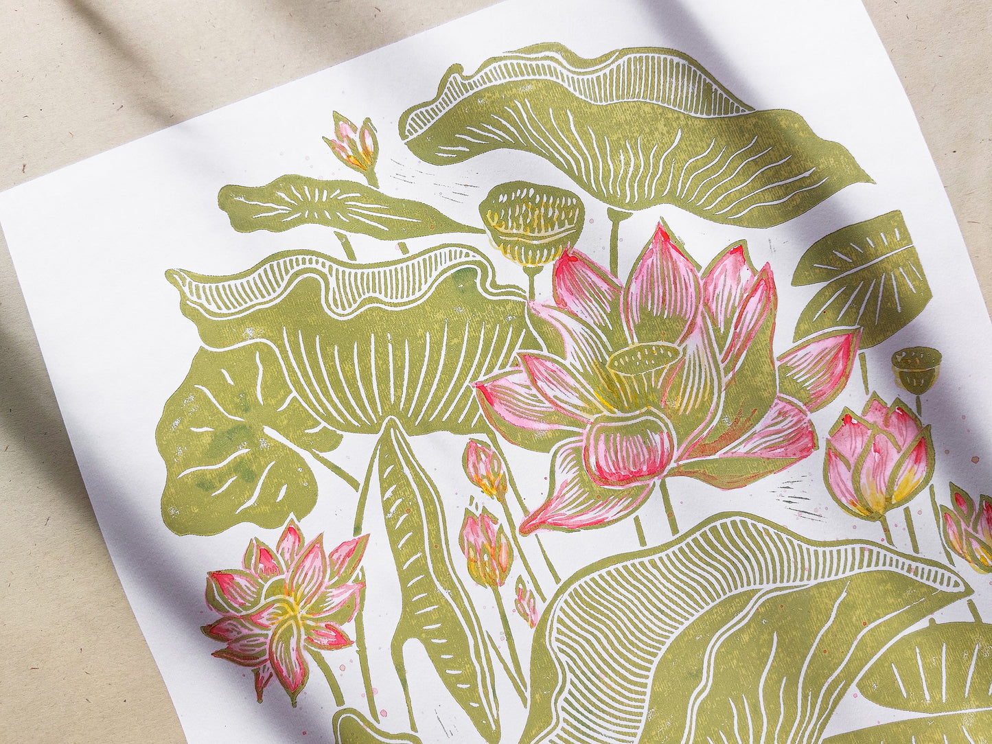 Summer wall art Watercolor Lotus flowers and leaves Botanical linocut print Original artwork Modern kitchen japanese decor Nature lover gift