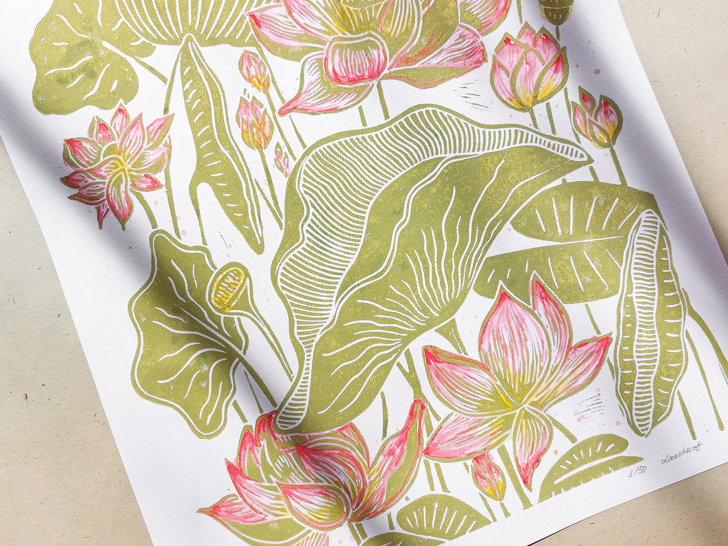 Summer wall art Watercolor Lotus flowers and leaves Botanical linocut print Original artwork Modern kitchen japanese decor Nature lover gift