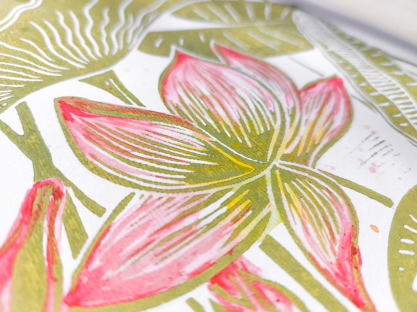 Summer wall art Watercolor Lotus flowers and leaves Botanical linocut print Original artwork Modern kitchen japanese decor Nature lover gift