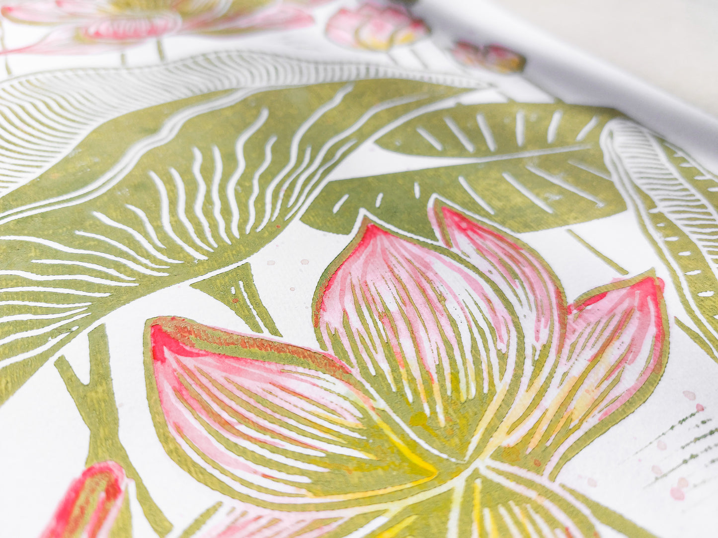 Summer wall art Watercolor Lotus flowers and leaves Botanical linocut print Original artwork Modern kitchen japanese decor Nature lover gift