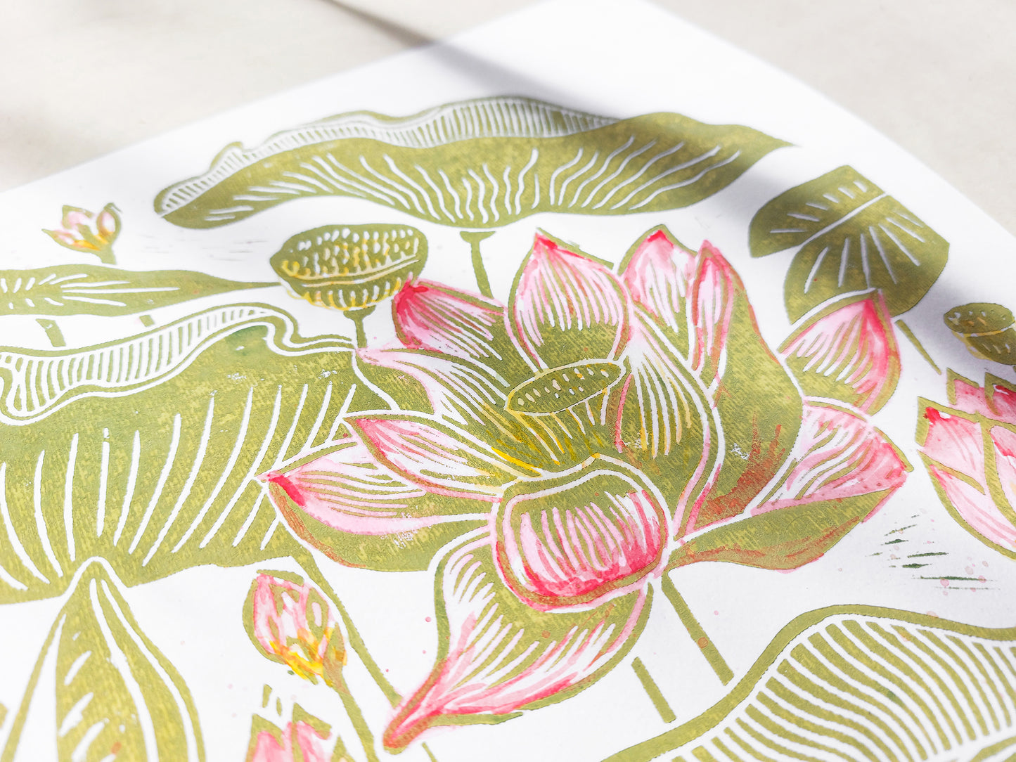 Summer wall art Watercolor Lotus flowers and leaves Botanical linocut print Original artwork Modern kitchen japanese decor Nature lover gift