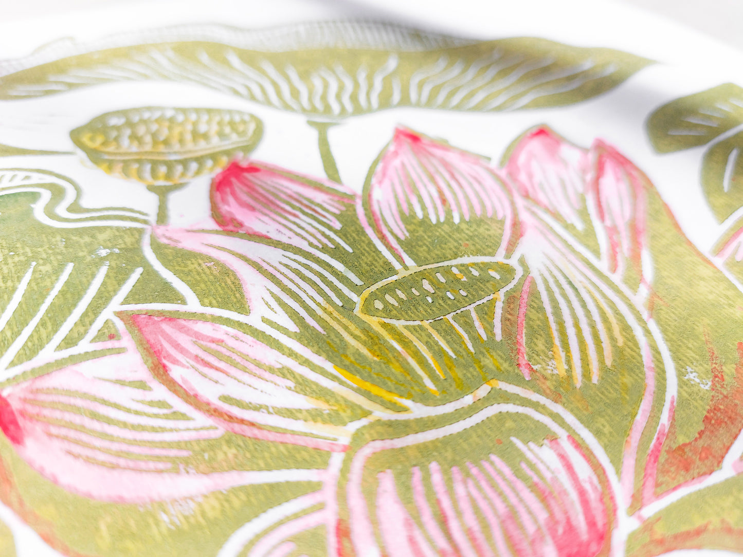 Summer wall art Watercolor Lotus flowers and leaves Botanical linocut print Original artwork Modern kitchen japanese decor Nature lover gift