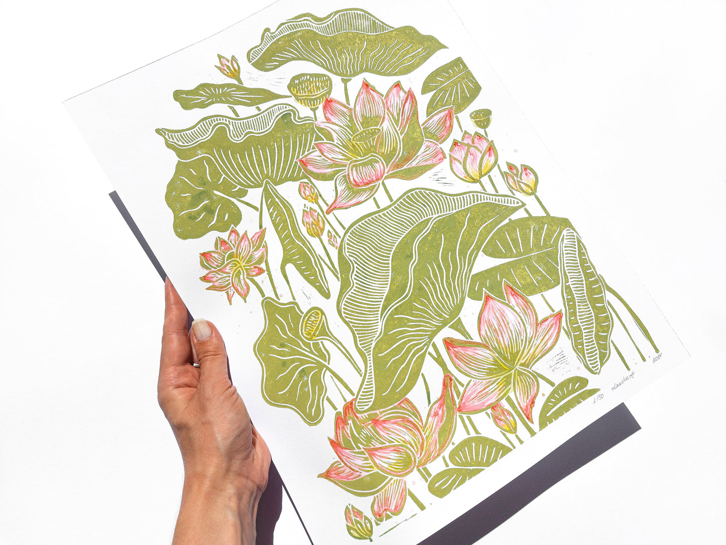 Summer wall art Watercolor Lotus flowers and leaves Botanical linocut print Original artwork Modern kitchen japanese decor Nature lover gift