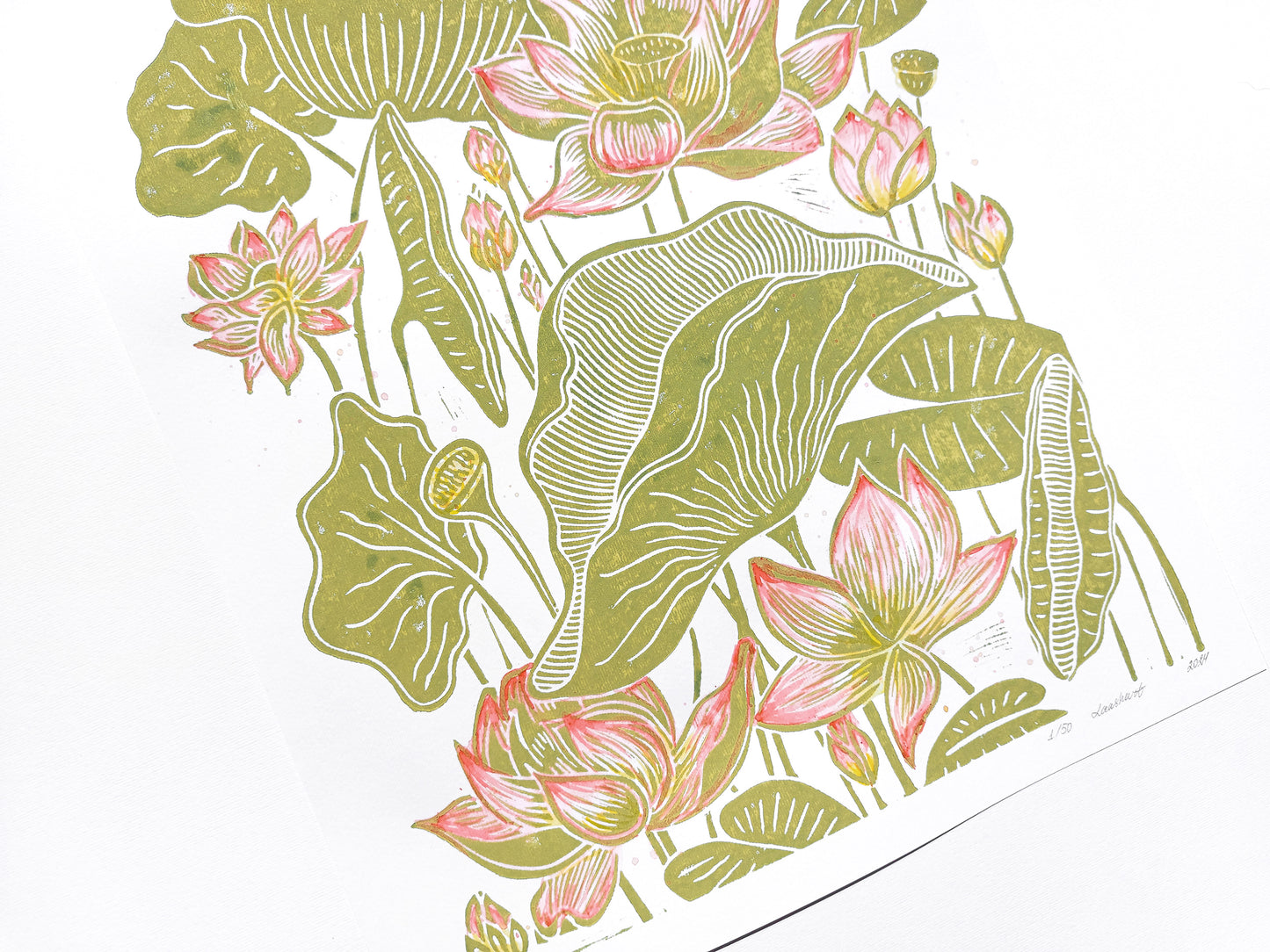Summer wall art Watercolor Lotus flowers and leaves Botanical linocut print Original artwork Modern kitchen japanese decor Nature lover gift