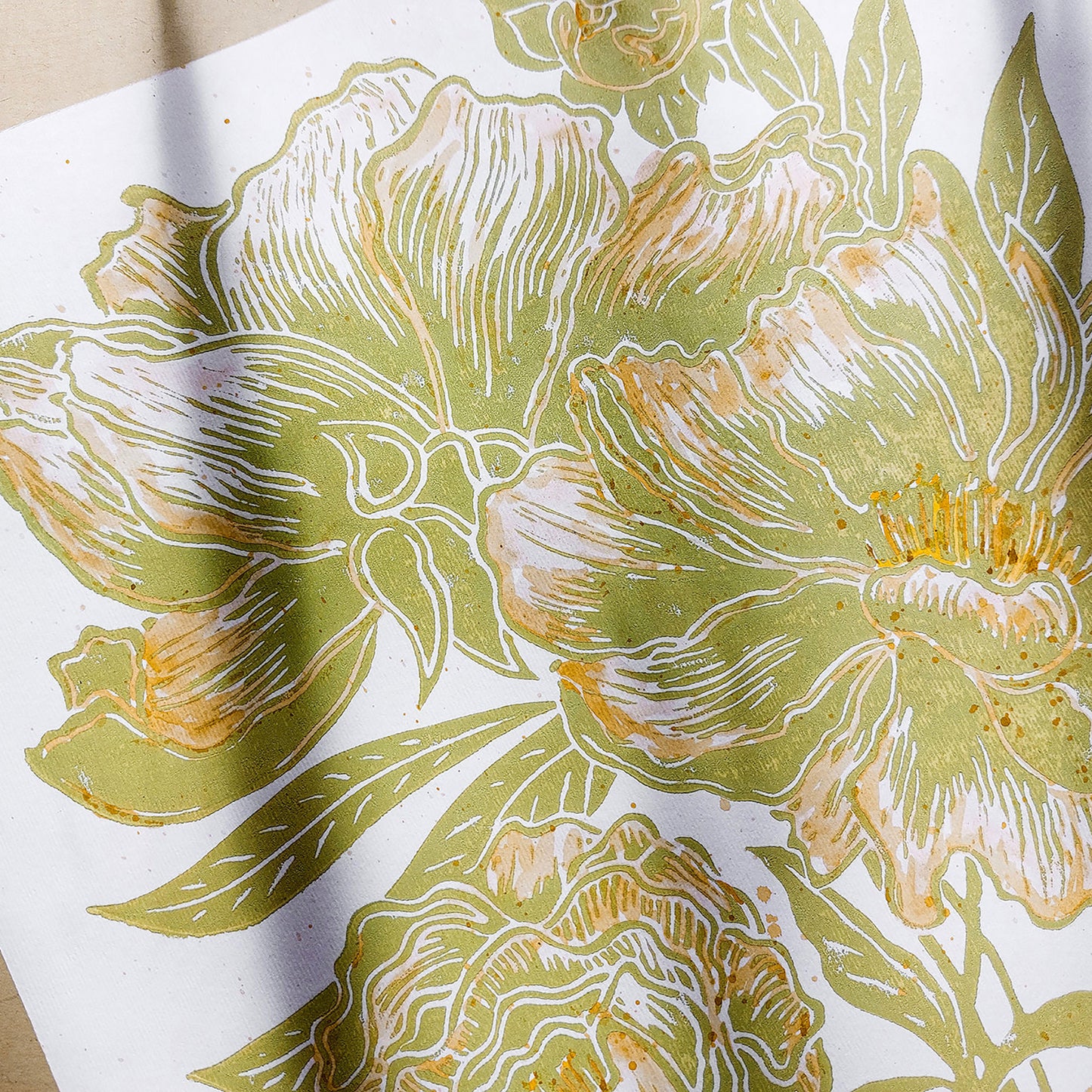 Watercolor yellow Lime Cream Green peonies flowers and green plant Linocut print wall art decor Plant print, plant lover gift, original artwork, one of a kind, nurse gift, niece gift from aunt, new mom gift, new job gift, New home gift, new grandma gift, new apartment housewarming gift, new apartment gift, nature wall art, Nature original art, nature lover gift, mothers day gift ideas, mothers day gift from daughter, mothers day gift,