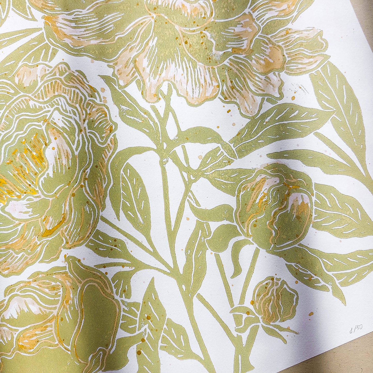 Watercolor yellow Lime Cream Green peonies flowers and green plant Linocut print wall art decor