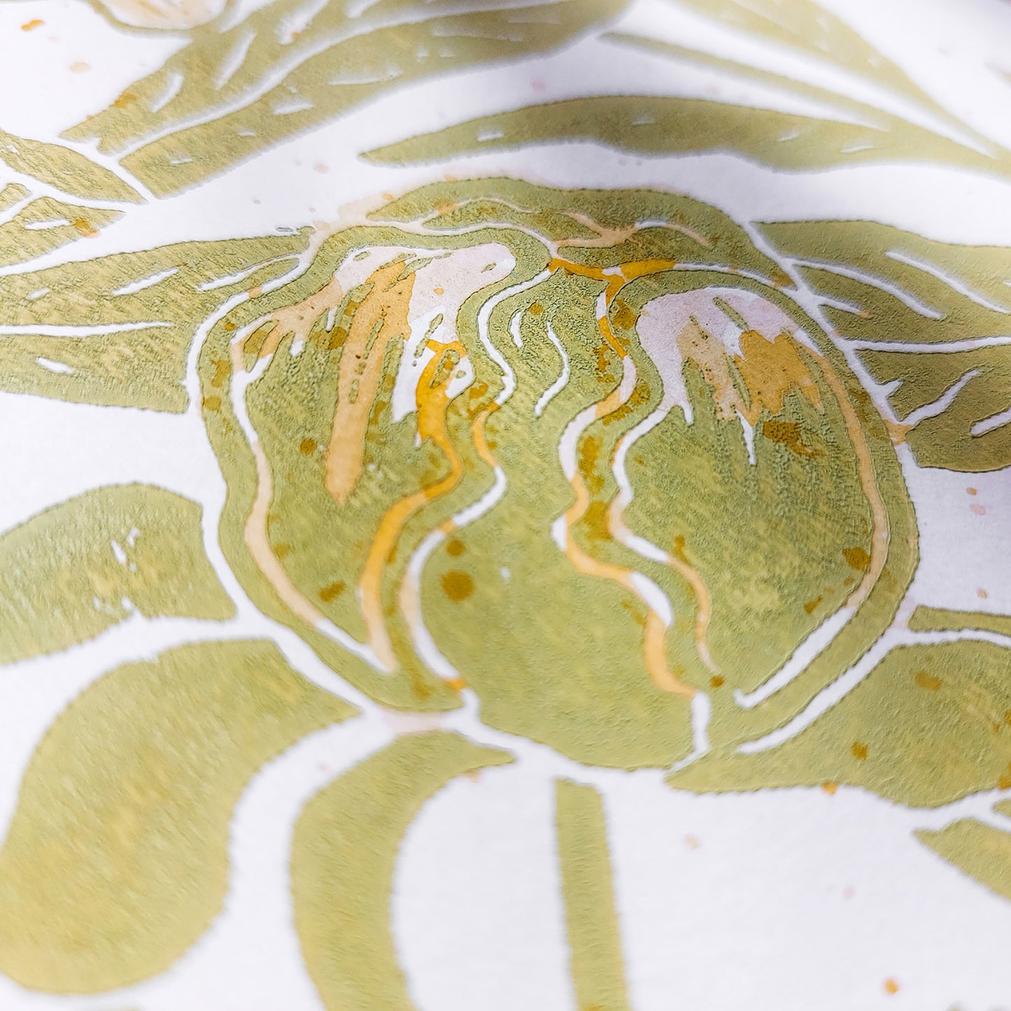 Watercolor yellow Lime Cream Green peonies flowers and green plant Linocut print wall art decor