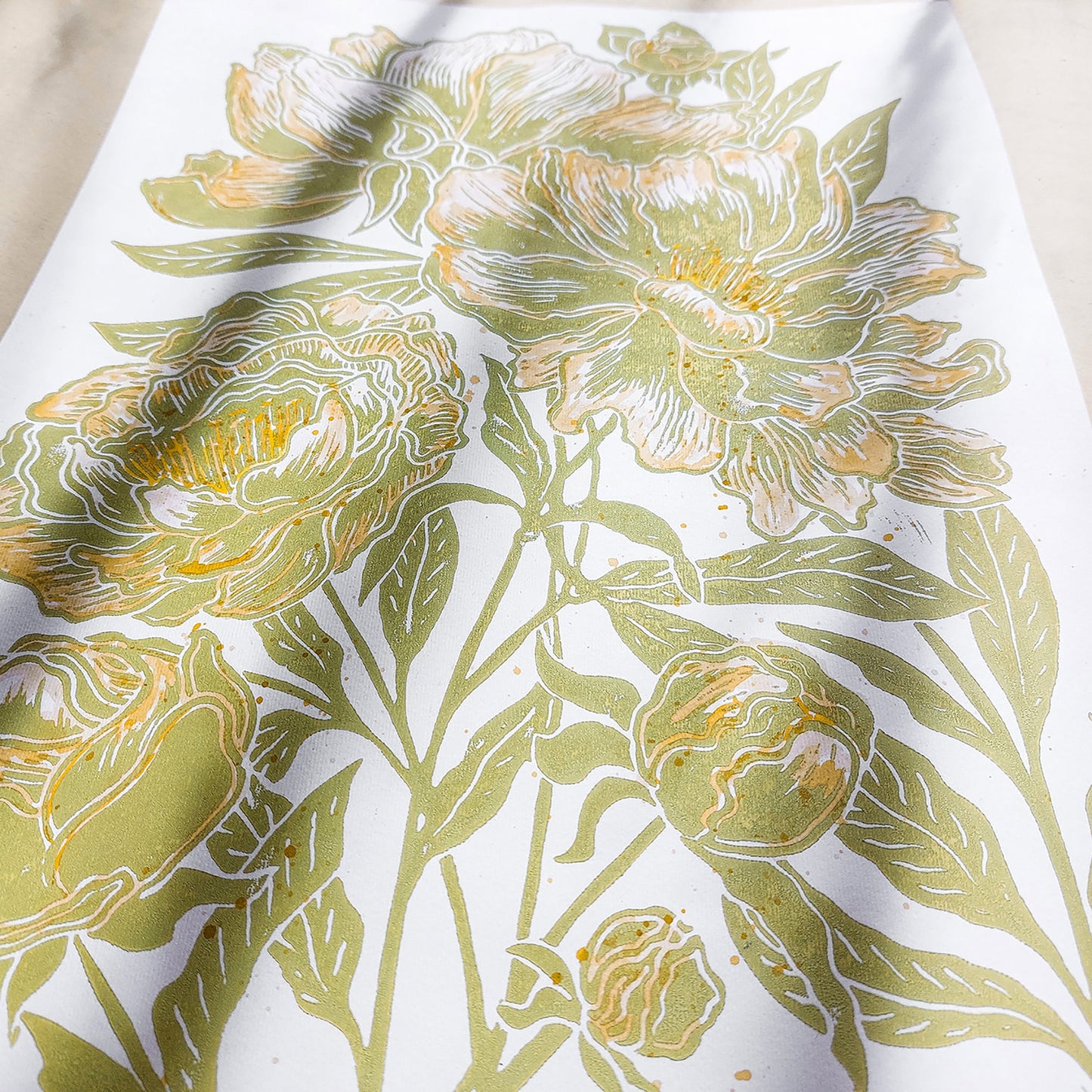 Watercolor yellow Lime Cream Green peonies flowers and green plant Linocut print wall art decor lino print, linogravure, printmaking, relief print, block print, wall hanging, unique wall art, trendy wall art, thank you gift boss, teacher appreciation gift, Summer wall art, Spring wall art, sister in law gift, shelf decor, self gift, rustic wall art, retirement gift, realtor closing gift, Plant print, plant lover gift, original artwork, one of a kind, nurse gift