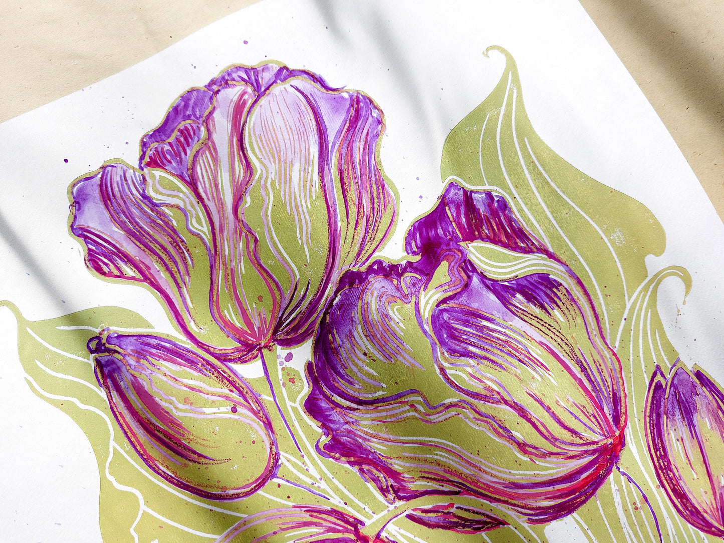 Linocut print
Linogravure lino
Floral farm rustic
Botanical relief
Original printmaking
Modern kitchen
new first home
Summer wall art
artwork block decor
Nature lover gift
Watercolor purple
tulips flowers
rustic housewarming