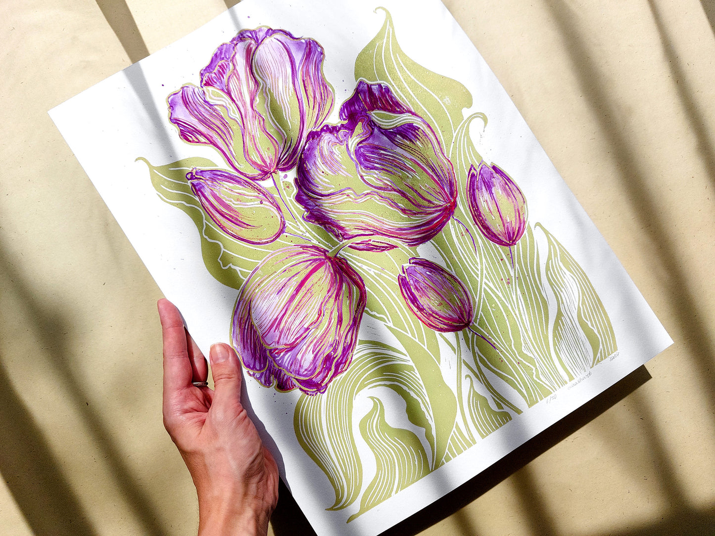 Linocut print
Linogravure lino
Floral farm rustic
Botanical relief
Original printmaking
Modern kitchen
new first home
Summer wall art
artwork block decor
Nature lover gift
Watercolor purple
tulips flowers
rustic housewarming