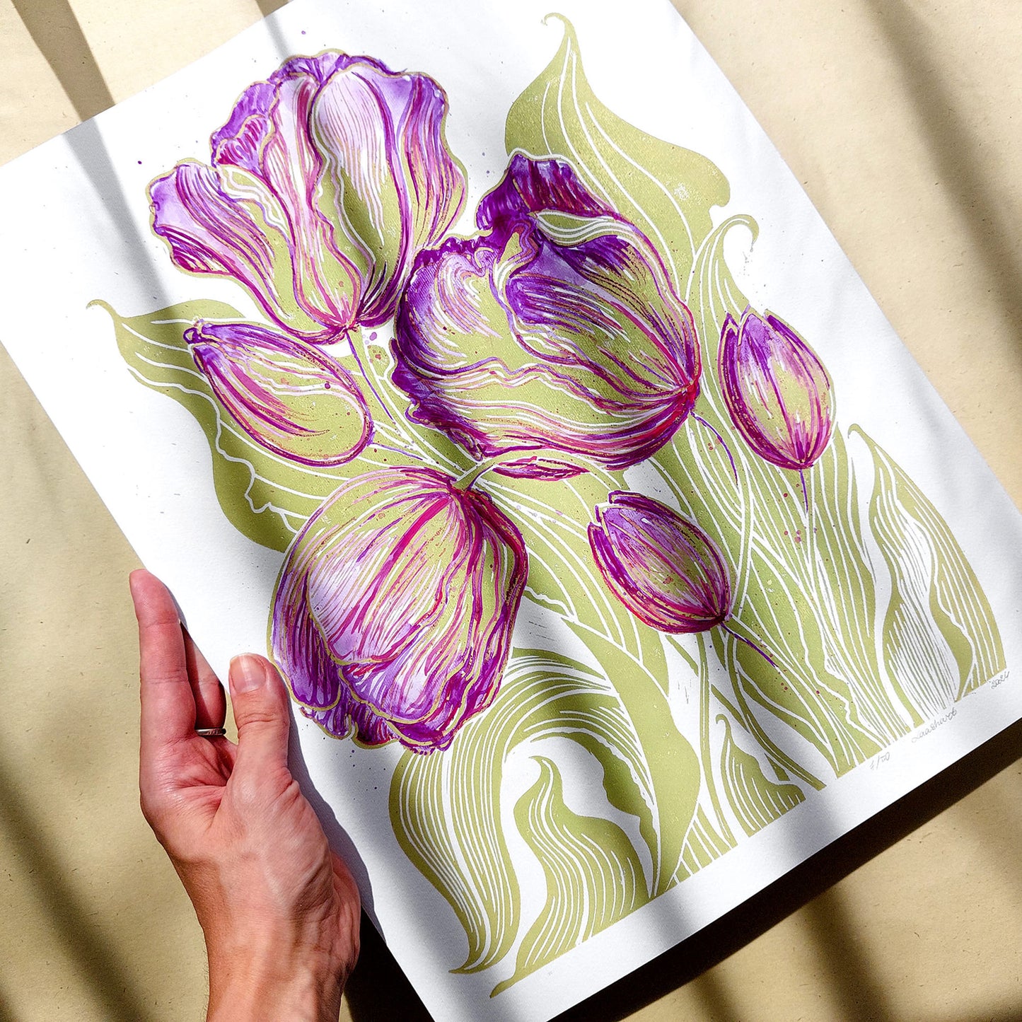 Watercolor purple tulips flowers Lime cream green plant Botanical linocut print wall hanging, unique wall art, trendy wall art, thank you gift boss, teacher appreciation gift, Spring wall art, sister in law gift, shelf decor, self gift, rustic wall art, retirement gift, realtor closing gift, Plant print, plant lover gift, original artwork, one of a kind, nurse gift, niece gift from aunt, new mom gift, new job gift, New home gift, new grandma gift, new apartment housewarming gift, new apartment gift,