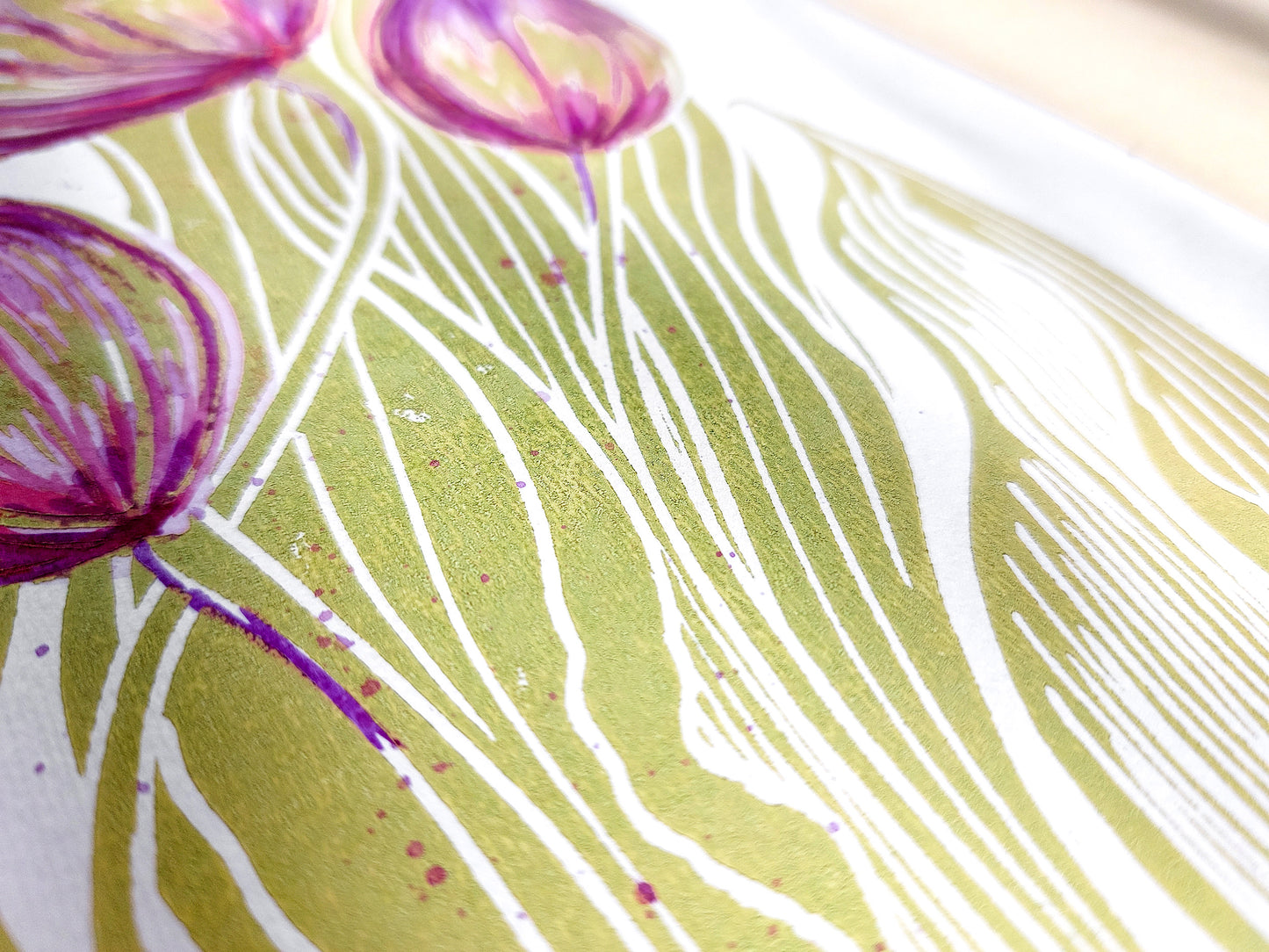 Linocut print
Linogravure lino
Floral farm rustic
Botanical relief
Original printmaking
Modern kitchen
new first home
Summer wall art
artwork block decor
Nature lover gift
Watercolor purple
tulips flowers
rustic housewarming