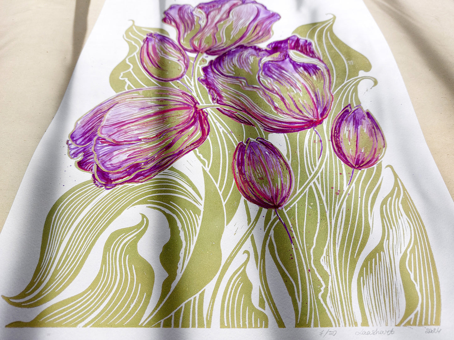 Linocut print
Linogravure lino
Floral farm rustic
Botanical relief
Original printmaking
Modern kitchen
new first home
Summer wall art
artwork block decor
Nature lover gift
Watercolor purple
tulips flowers
rustic housewarming