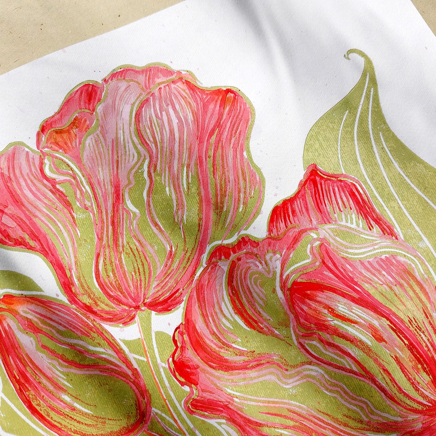 Watercolor red tulips flowers Lime cream green plant Botanical linocut print