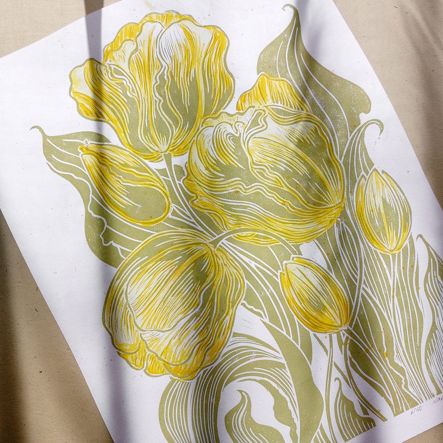 Watercolor yellow tulips flowers Lime cream green plant Botanical linocut print wall hanging, unique wall art, trendy wall art, thank you gift boss, teacher appreciation gift, Spring wall art, sister in law gift, shelf decor, self gift, rustic wall art, retirement gift, realtor closing gift, Plant print, plant lover gift, original artwork, one of a kind, nurse gift, niece gift from aunt, new mom gift, new job gift, New home gift, new grandma gift,