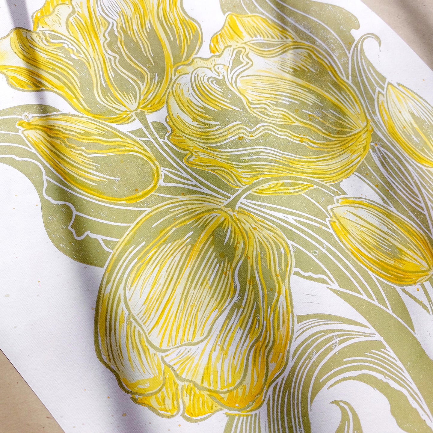 Watercolor yellow tulips flowers Lime cream green plant Botanical linocut print