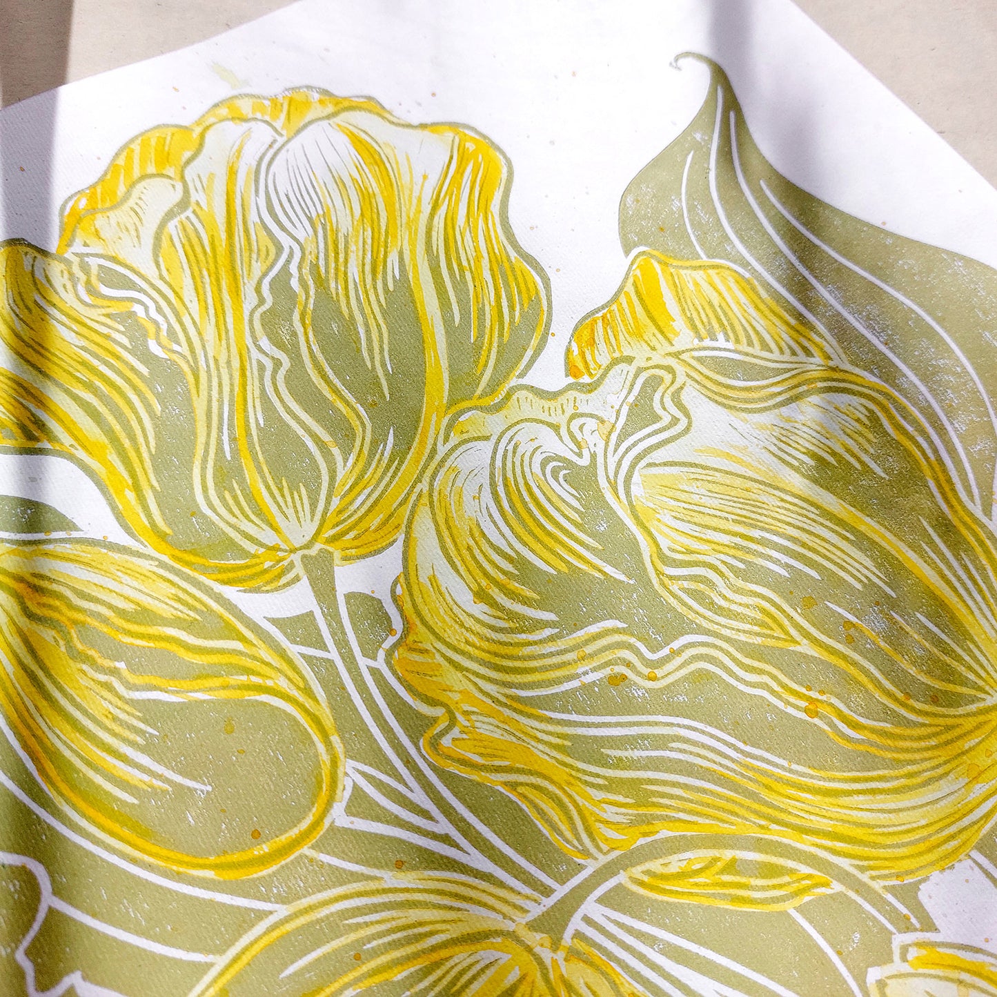 Watercolor yellow tulips flowers Lime cream green plant Botanical linocut print niece gift from aunt, new mom gift, new job gift, New home gift, new grandma gift, new apartment housewarming gift, new apartment gift, nature wall art, Nature original art, nature lover gift, mothers day gift ideas, mothers day gift from daughter, mothers day gift, mother in law gift, mom birthday gift, Modern kitchen art, long distance gift
