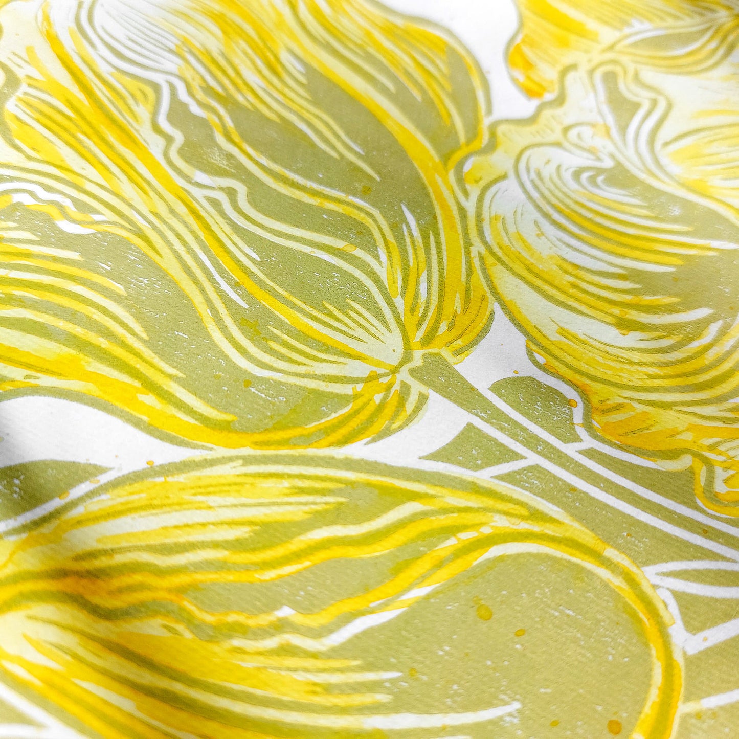 Watercolor yellow tulips flowers Lime cream green plant Botanical linocut print