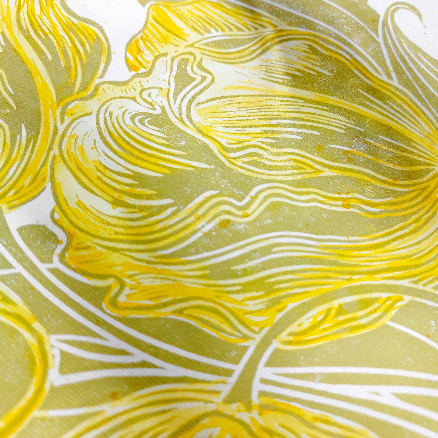 Watercolor yellow tulips flowers Lime cream green plant Botanical linocut print