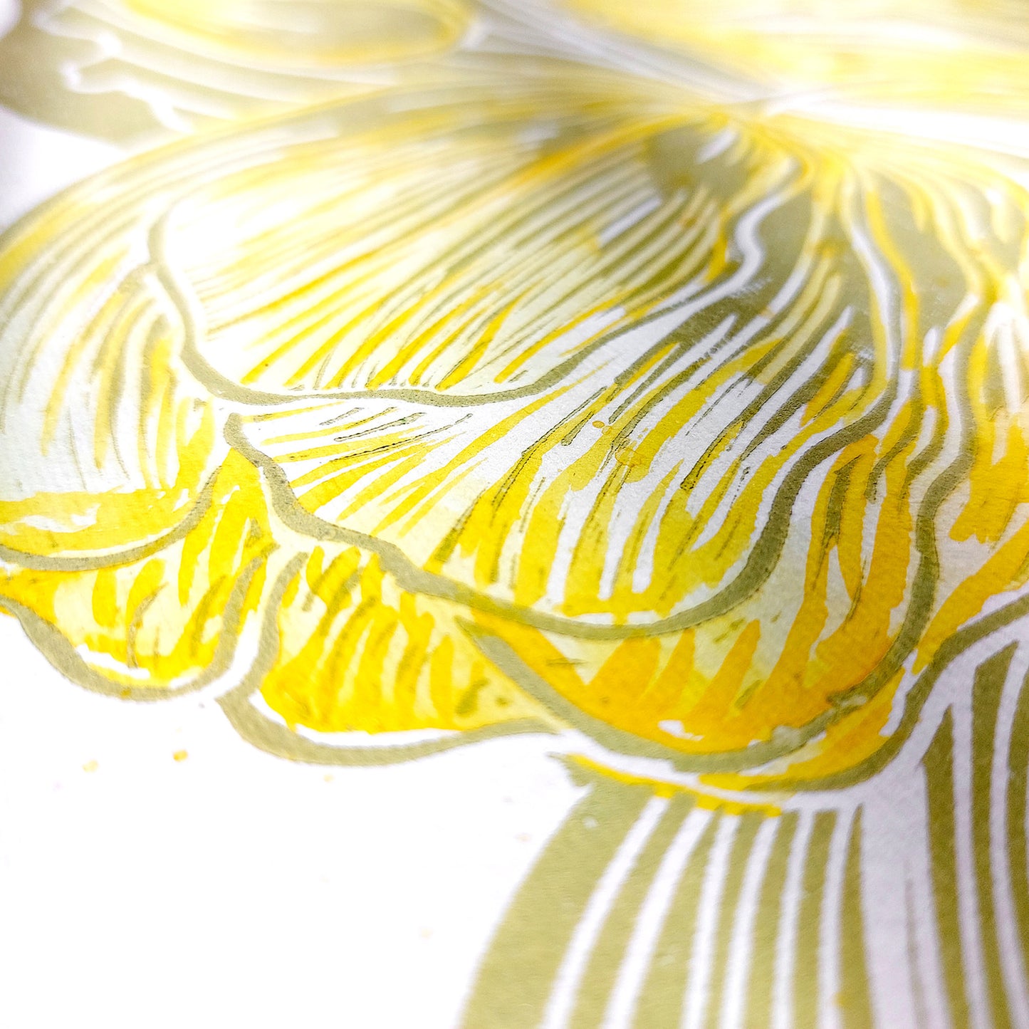 Watercolor yellow tulips flowers Lime cream green plant Botanical linocut print