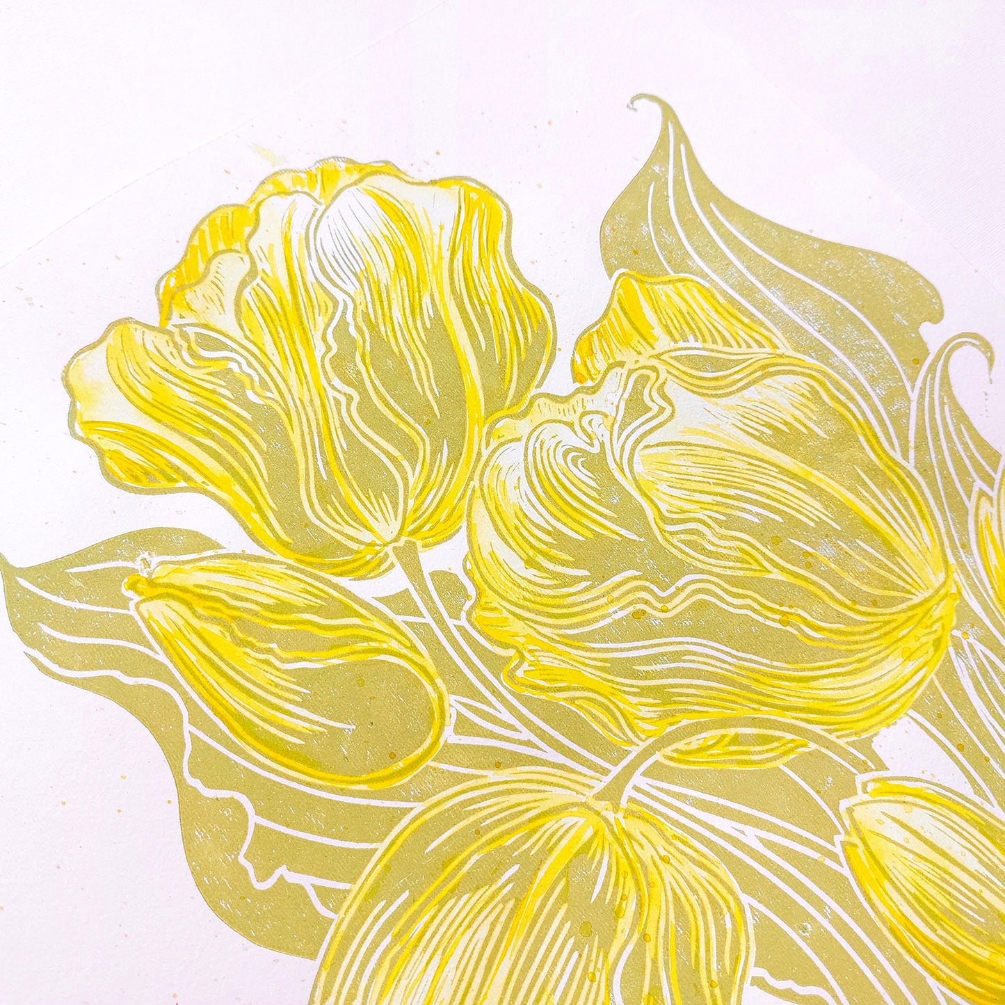 Watercolor yellow tulips flowers Lime cream green plant Botanical linocut print Housewarming gift, hostess gift, home gift unique, heirloom gift, handmade gift for women, handmade gift for the home, grandmother gift, grandma gift, going away gift for coworker, godparent gift, godmother gift, girlfriend gift, gift for the home, gift for best friend female, foraged wall art, Flower wall art, Floral wall art
