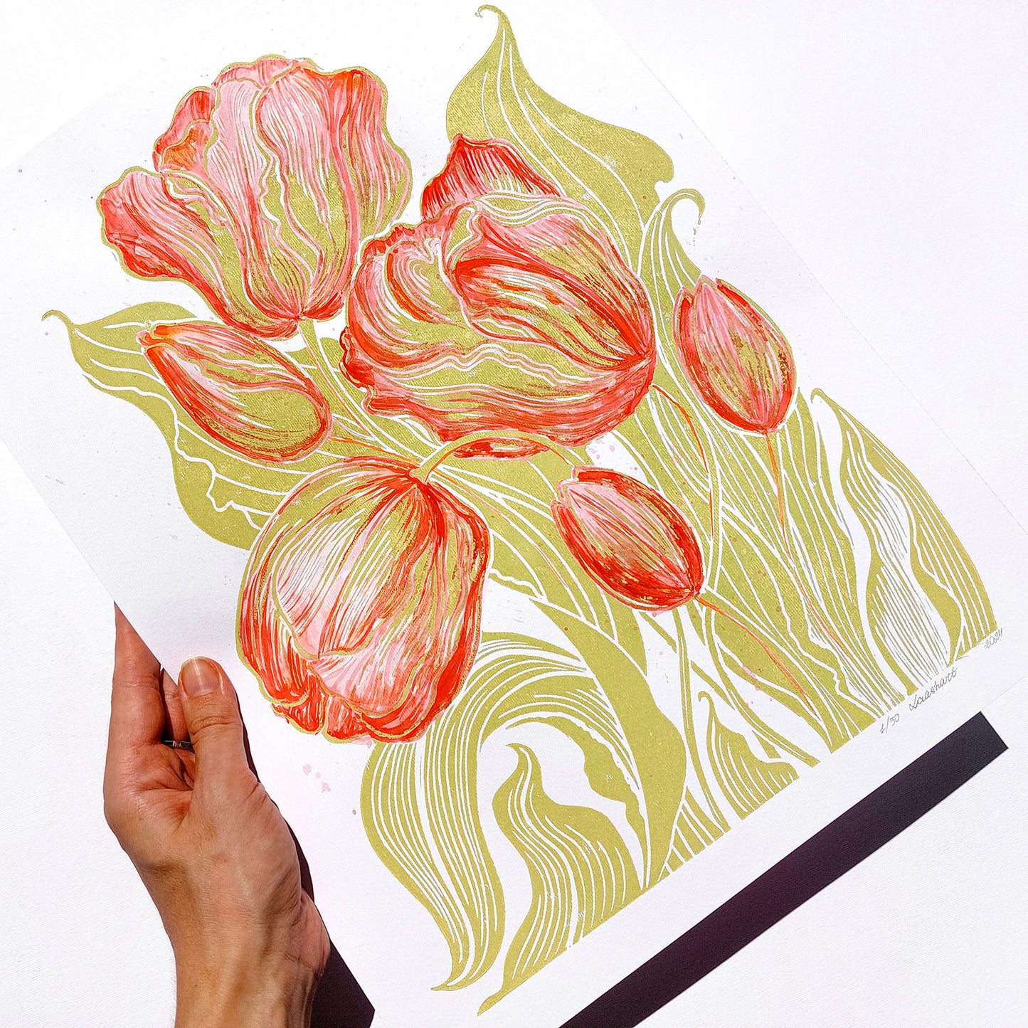 Watercolor red tulips flowers Lime cream green plant Botanical linocut print handmade gift for women, handmade gift for the home, grandmother gift, grandma gift, going away gift for coworker, godparent gift, godmother gift, girlfriend gift, gift for the home, gift for best friend female, foraged wall art, Flower wall art, Floral wall art, Farmhouse wall decor