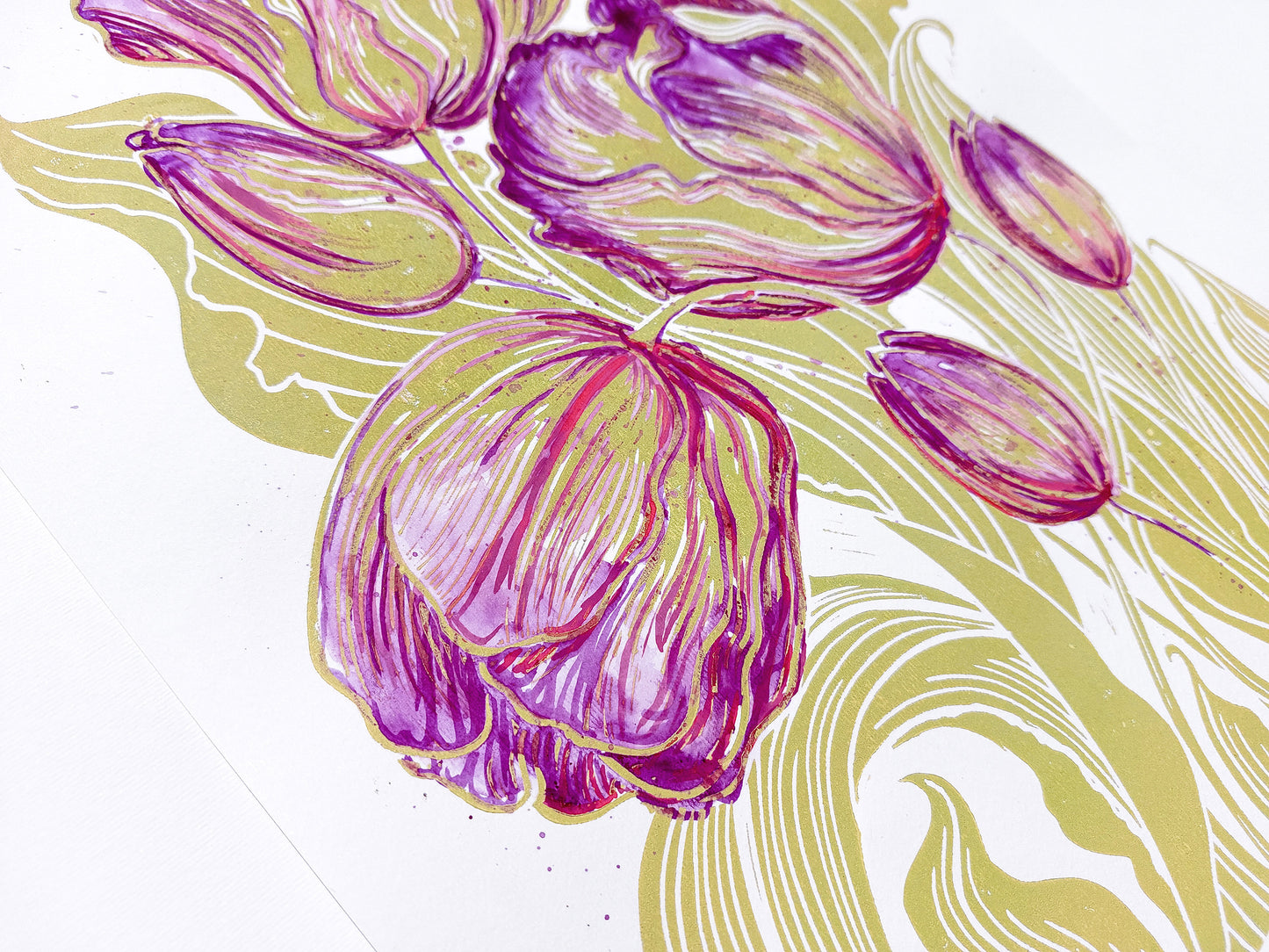 Linocut print
Linogravure lino
Floral farm rustic
Botanical relief
Original printmaking
Modern kitchen
new first home
Summer wall art
artwork block decor
Nature lover gift
Watercolor purple
tulips flowers
rustic housewarming