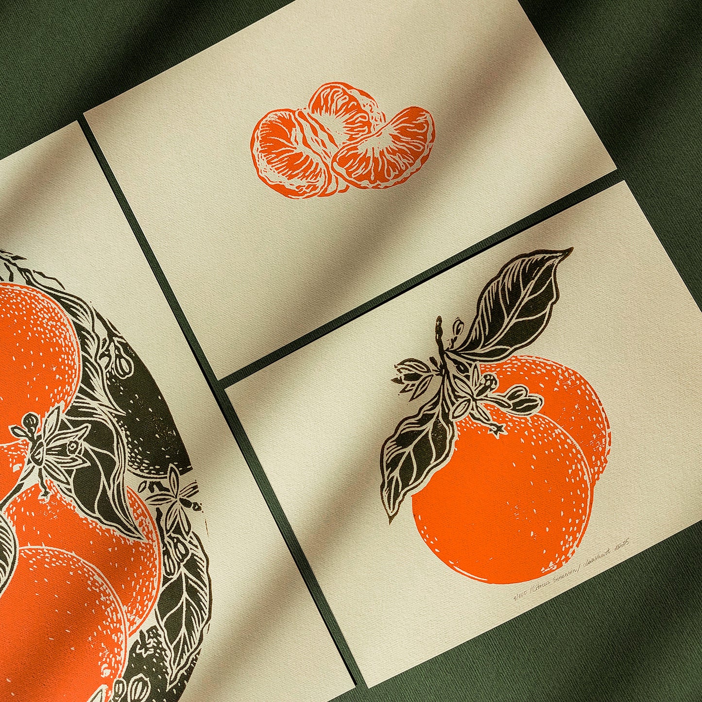 Orange Sage green vintage clementine fruits linocut print gallery wall set of 3 mandarin slice original artwork modern kitchen art chateaucore decor citrus thank you gift lino linogravure dining room decor original illustration, original artwork, green art, one of a kind, office wall decor, nurse gift, niece gift from aunt, new mom gift, new job gift, New home gift, new grandma gift, new apartment housewarming gift, new apartment gift, nature wall ar, nature print, Nature original art, nature lover gift