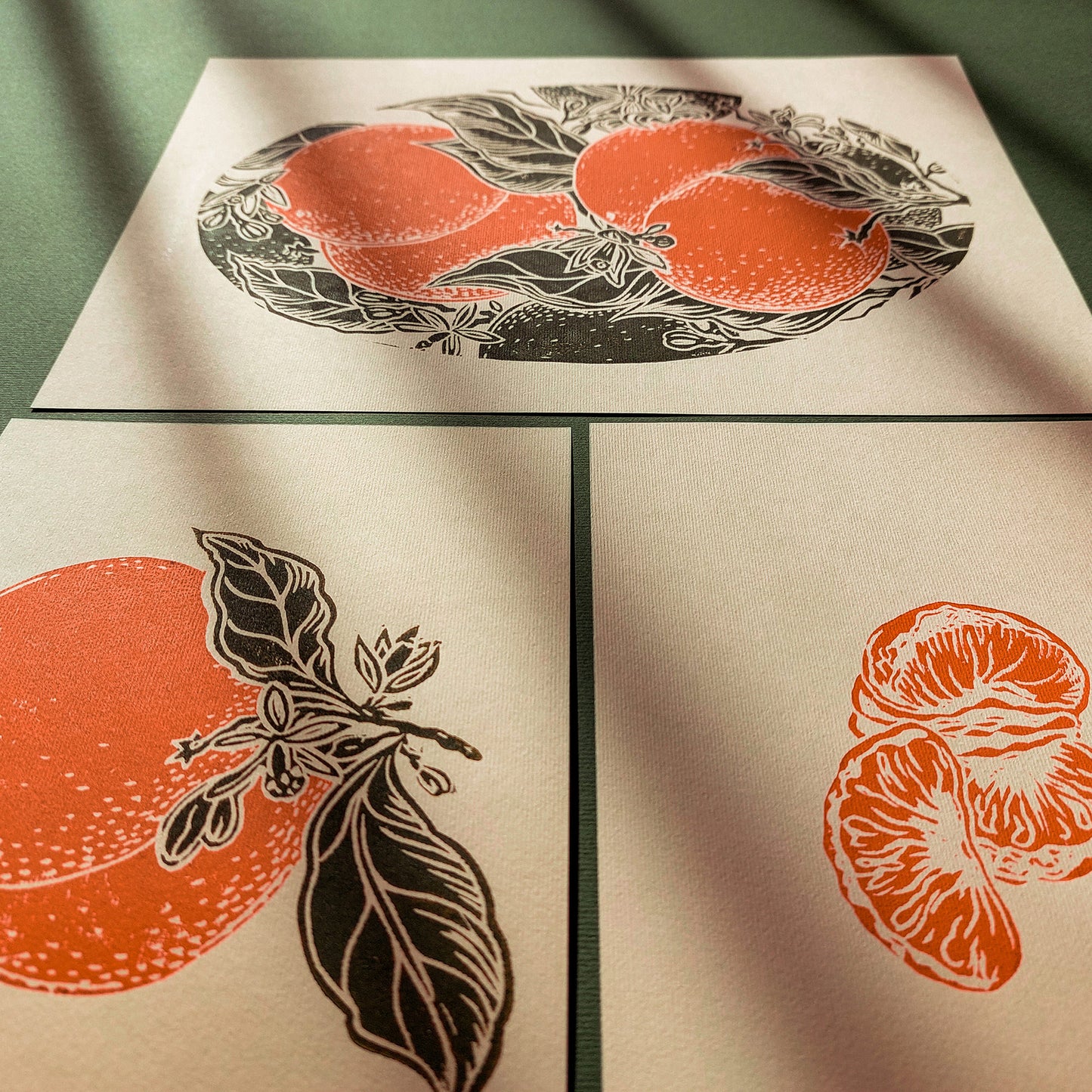 vintage clementine fruits linocut print gallery wall set of 3 mandarin slice original artwork modern kitchen art chateaucore decor citrus thank you gift lino linogravure dining room decor wall hanging, Vintage art, unique wall art, trendy wall art, thank you gift boss, teacher appreciation gift, Summer wall art, sister in law gift, shelf decor, self gift, Sage green color, rustic artwork, Retro artwork, retirement gift, Relief print, realtor closing gift, Printmaking art, Plant print, plant lover gift