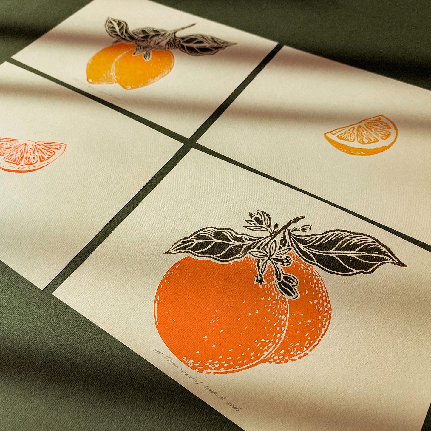 gallery wall set oranges vintage fruits linocut print original artwork citrus botanical wall art modern kitchen lino home gift unique mini set of 4 lemon cottagecore citrus dining room nature lover linogravure retro botanical christmas new home thoughtful autumn summer yellow sage green plant lover office grandmother bedroom living room relief thanksgiving table teacher new apartment handprinted entryway farmhouse mom wife girlfriend sister godmother Thank You Coworker Say Thanks Present