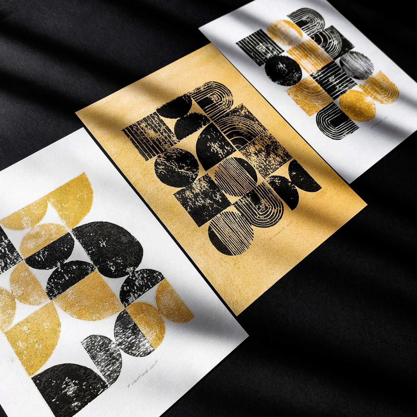 mid century modern bauhaus style linocut print gallery wall set of 3 artworks relief texture man cave wall decor geometric modern office decor husband gift lino linogravure eco friendly gift bedroom cyber week deal black friday sale contemporary abstract golden minimalist home original artwork living room statement self printmaking christmas dopamine entryway one of a kind bathroom scandinavian handprint unique eclectic aesthetic wall hanging entryway handmade housewarming new apartment