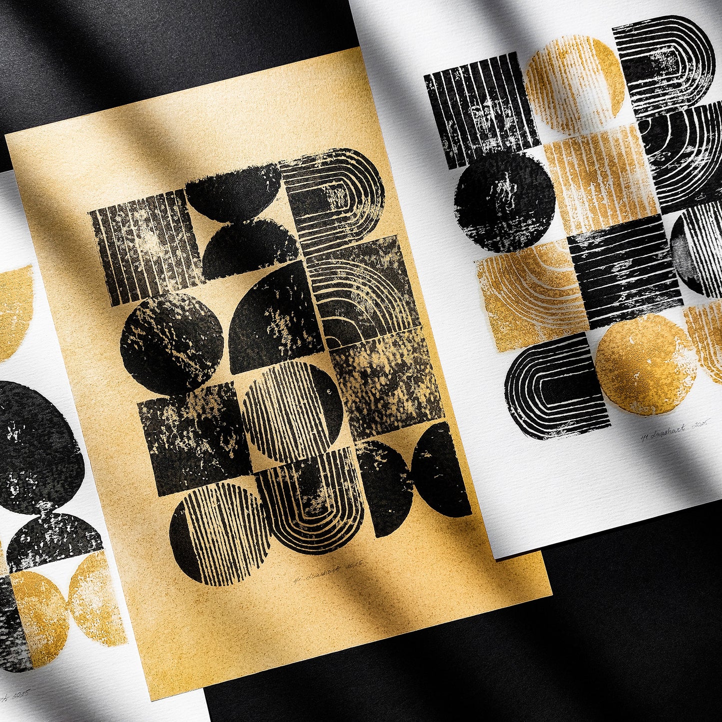 mid century modern bauhaus style linocut print gallery wall set of 3 artworks relief texture man cave wall decor geometric modern office decor husband gift lino linogravure eco friendly gift bedroom cyber week deal black friday sale contemporary abstract golden minimalist home original artwork living room statement self printmaking christmas dopamine entryway one of a kind bathroom scandinavian handprint unique eclectic aesthetic wall hanging entryway handmade housewarming new apartment