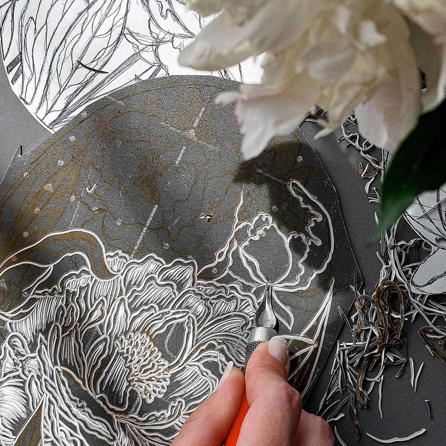 lino cutting linoleum block peony peonies