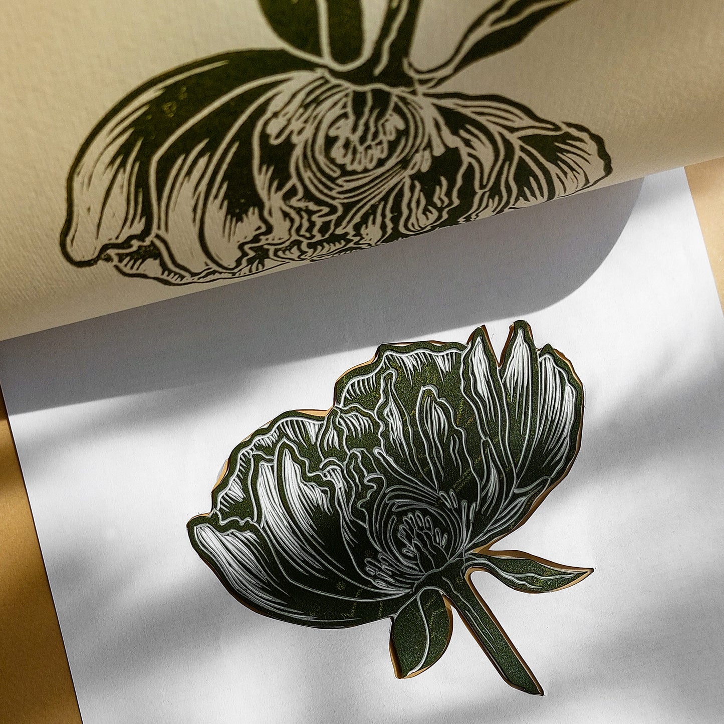 hanprinting linoleum lino block printmaking peony flower