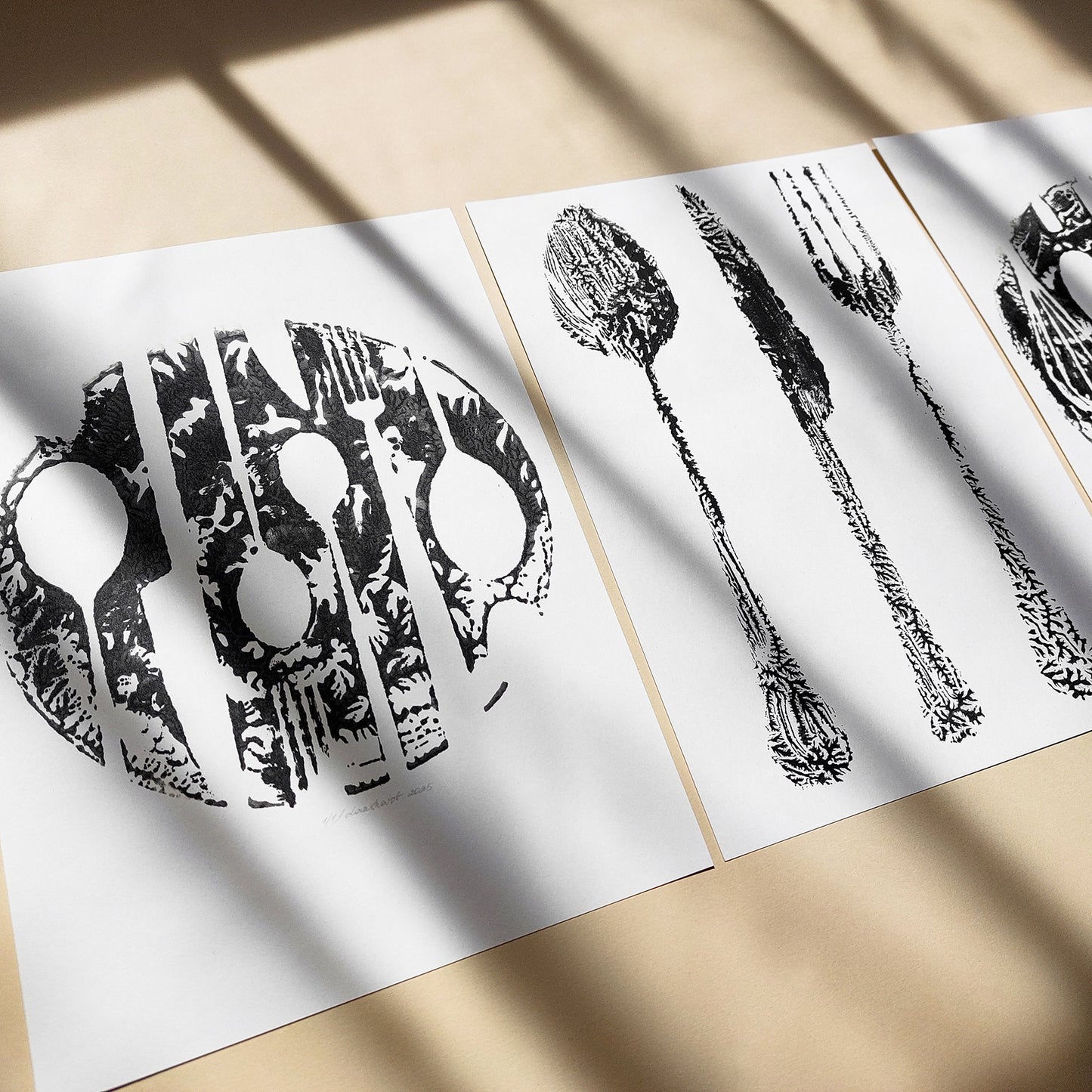 abstract spoon fork knife cutlery rustic fall wall art modern kitchen monotype relief print gallery wall set of 3 original artworks hostess gift cyber monday sale one of a kind grandmother Black Friday Sale Cyber Week Deal contemporary thankful christmas cottagecore monoprint autumn printmaking entryway thanksgiving minimalist farmhouse new home thankful to say thanks texture farm xmas mother thank you self sister mom mother apartment godmother wife woman gift for Her