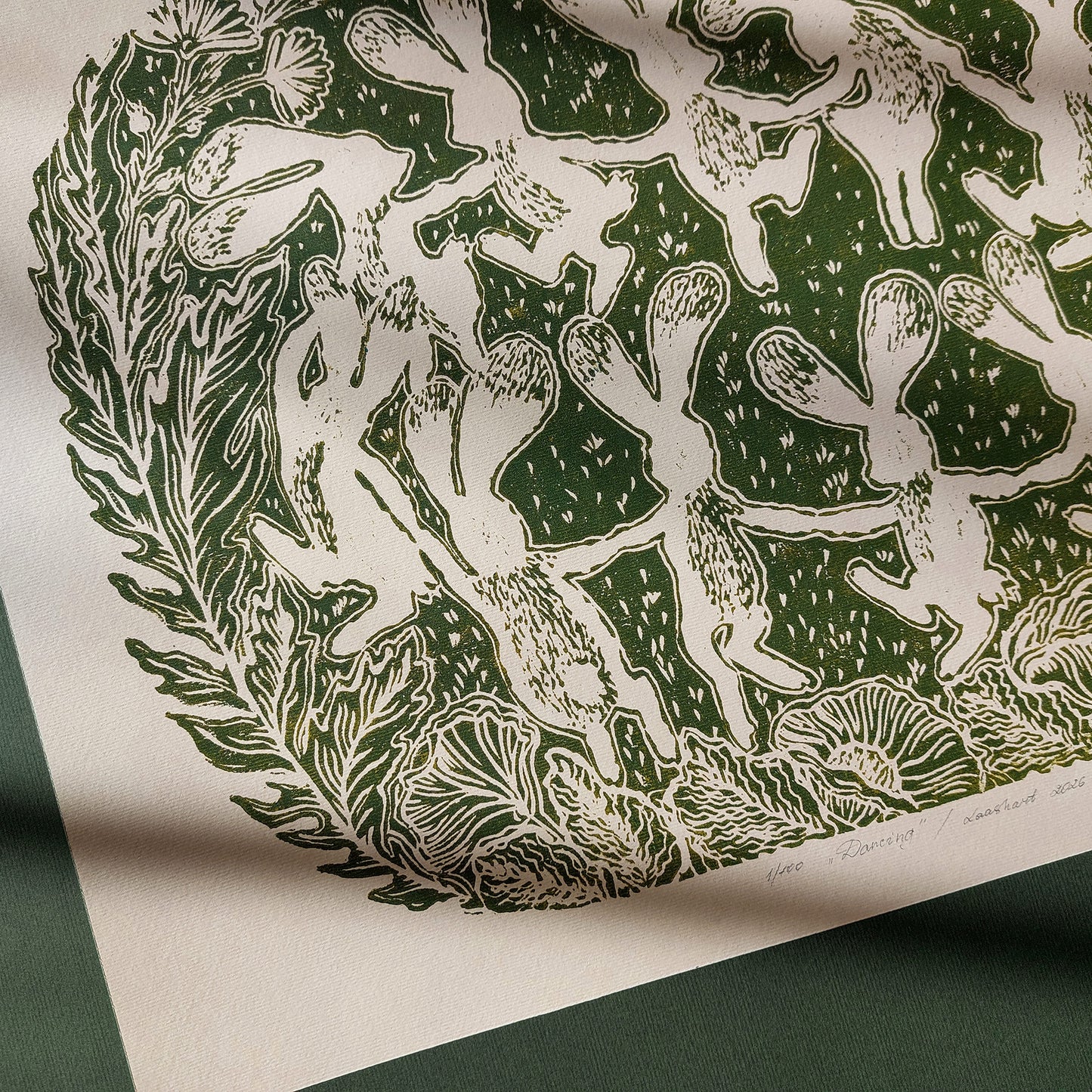 Beige retro whimsical sage green color dancing rabbits art large linocut print floral lino botanical wall kids reading nook forestcore foraged wildflower study room decor rustic linogravure toddler room art relief printmaking original artwork bedroom new home gift mindful living block handprint decoration unique dopamine eclectic above bed apartment housewarming dining room dorm entryway laundry office hostess mom mother staircase playroom hallway nature lover gift foyer treat yourself