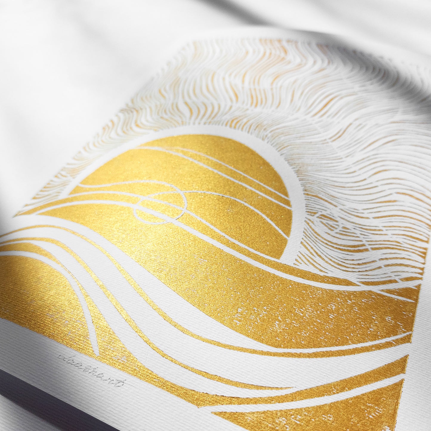 gold boho sun 8x10 inches sunset desert landscape linocut print original artwork living room wall art master bedroom reading nook decor new home newlywed gift rustic linogravure modern lino waves mid century modern mindful rising sun minimalist printmaking bohemian abstract lines contemporary relief handprint geometric unique dopamine eclectic scandinavian trendy aesthetic above bed man cave apartment housewarming dining room dorm entryway laundry office hostess mom mother fall thanksgiving